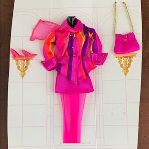 Barbie outfit- magenta satin skirt suit, purse, shoes, scarf-  1990’s -Rare